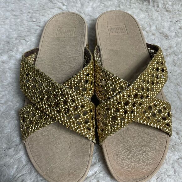 Fitflop Metallic Gold Cross-Strap Sandals - Picture 3 of 11